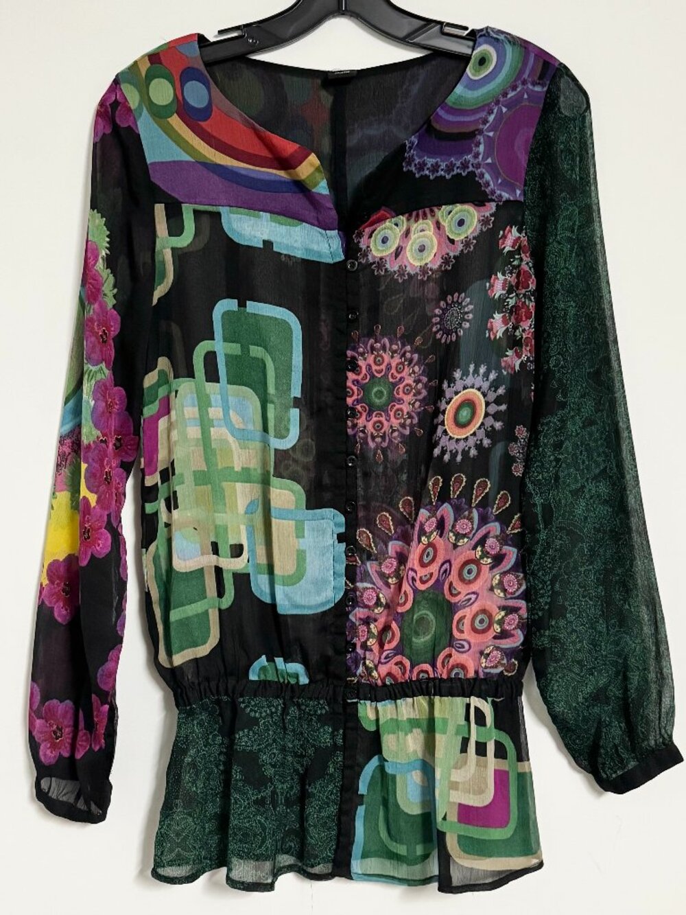 Sheer Button Up Tunic Top Abstract Print Medium Colorful